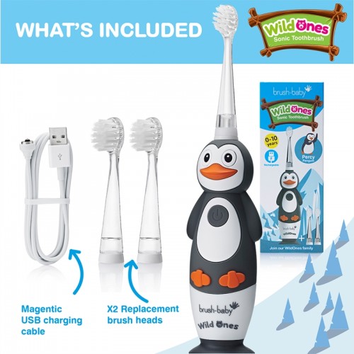 Brush-Baby | Brushbaby WildOnes Percy Penguin Rechargeable Sonic Electric Toothbrush (0-10 year olds) 2 years warranty